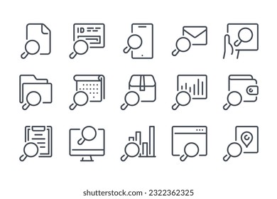 Juego de iconos de línea de búsqueda e inspección. Iconos lineales relacionados con la lupa. Investigación, revisión y exploración de la colección de signos de vector de contorno.