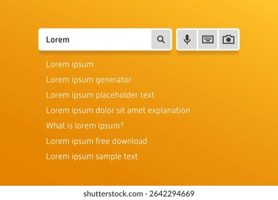 Interface de Recherche maquette sur fond orange clair avec des icônes pour la recherche de texte, de voix et visuelle, plus des suggestions de requêtes « Lorem ipsum ».