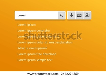 Search interface mockup on a bright orange background with icons for text, voice, and visual search, plus suggested “Lorem ipsum” queries.