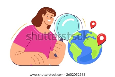 Search internet worldwide. User with magnifying glass looks at planet earth in order to find information. Web concept