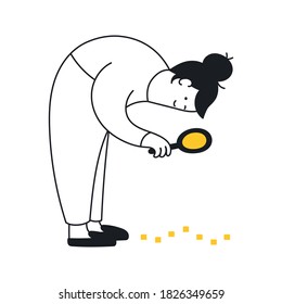 Search, investigation, looking at footprints through a magnifying glass. The cute cartoon woman studying and looking for something. Flat clean line vector illustration on white