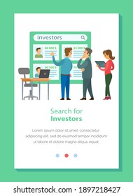 Search for investors vertical website vector. Choice of business investor. Office managers, business team search finance opportunities looking at presentation. People develops solutions for investment