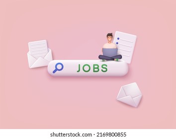 Search job concept. Searching a job on the search bar. Human resource  management and hiring concept. 3D Web Vector Illustrations.