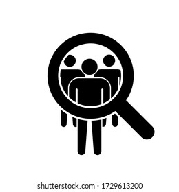 Buscar en la línea de trabajo. Icono aislado de vectores.Icono o signo aislado de recursos humanos de color negro plano. Concepto de símbolo de entrevista de contratación. EPS 10
