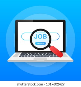 Search for job symbol with magnifying glass in modern flat design. Vector stock illustration.