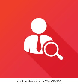 Search For Job Symbol With Magnifying Glass In Flat Design Illustration. Search For Employees And Job, Business, Human Resource. Looking For Talent. Search Man Vector Icon. Job Search.