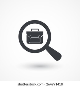 Search For Job Symbol With Magnifying Glass And Briefcase. Flat Design