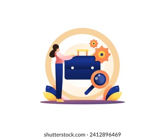 Search for job vacancies and projects. Looking for a project and a job. job seeker with briefcase and magnifying glass. services and information. flat illustration concept design. graphic elements