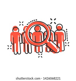 Search job vacancy icon in comic style. Loupe career vector cartoon illustration on white isolated background. Find employer business concept splash effect.