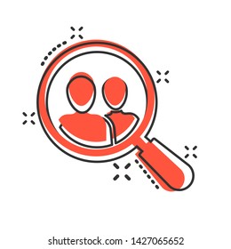 Search job vacancy icon in comic style. Loupe career vector cartoon illustration on white isolated background. Find vacancy business concept splash effect.