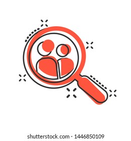 Search job vacancy icon in comic style. Loupe career vector cartoon illustration on white isolated background. Find people employer splash effect business concept.