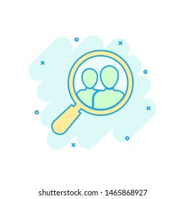 Search job vacancy icon in comic style. Loupe career vector cartoon illustration on white isolated background. Find vacancy business concept splash effect.