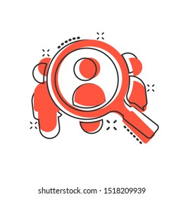 Search job vacancy icon in comic style. Loupe career vector cartoon illustration on white isolated background. Find people employer splash effect business concept.