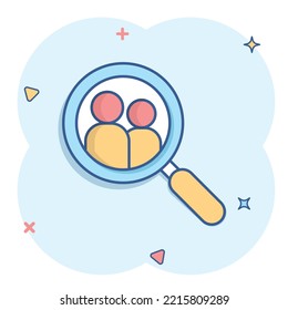 Search job vacancy icon in comic style. Loupe career vector cartoon illustration on white isolated background. Find people employer splash effect business concept.