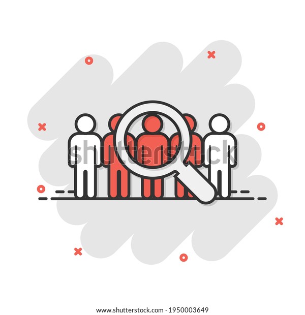 Search job vacancy icon in comic\
style. Loupe career vector cartoon illustration on white isolated\
background. Find employer business concept splash\
effect.