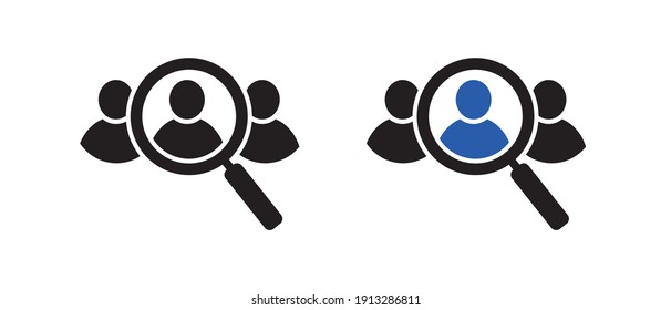 Search job vacancy icon. Search job, employees. Find people, human resource icon. Magnifier. Vector illustration.
