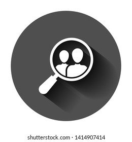 Search job vacancy icon in flat style. Loupe career vector illustration on black round background with long shadow. Find vacancy business concept.