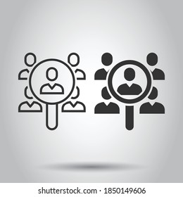 Search job vacancy icon in flat style. Loupe career vector illustration on white isolated background. Find people employer business concept.