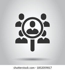 Search job vacancy icon in flat style. Loupe career vector illustration on white isolated background. Find people employer business concept.