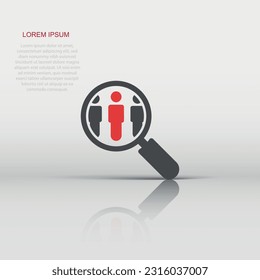 Search job vacancy icon in flat style. Loupe career vector illustration on white isolated background. Find people employer business concept.