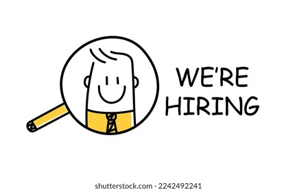 Search job vacancy icon. We are hiring, open vacancy. Stick figure. Doodle style. Vector illustration.