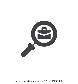 Search job vector icon. filled flat sign for mobile concept and web design. magnifying glass and briefcase simple solid icon. Symbol, logo illustration. Pixel perfect vector graphics