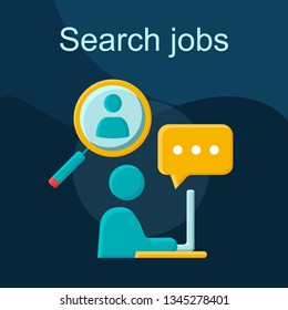 Search jobs flat concept vector icon. Work finding idea cartoon color illustrations set. HR management. Headhunting, hiring. Recruitment, employment. Job application. Isolated graphic design element
