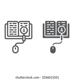 Search of knowledge line and glyph icon, e learning and education, magnifier on book sign vector graphics, a linear pattern on a white background, eps 10.
