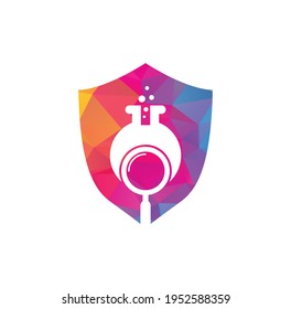 Search lab shield shape concept logo design. find lab logo design vector template. Lab Find Logo Icon Design