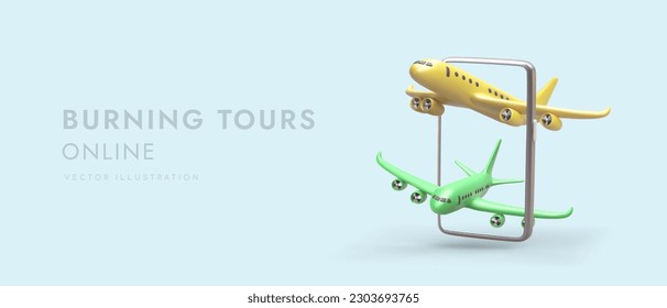 Search for last minute tours and late holiday deals. Application for tracking discounts from many airlines. Flights in different directions. Bright banner with 3D illustration and place for slogan