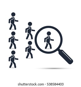 Search leader business concept with magnifying glass. Crowd following behind the team leader. Looking for employees and job, business, human resource, talent. Vector teamwork illustration.