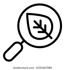 Buscar con el icono de la línea de hoja. Ilustración de vidrio y vectores de planta de aumento aislada en blanco. Diseño de estilo de esquema de búsqueda ecológica, diseñado para web y aplicación. Eps 10