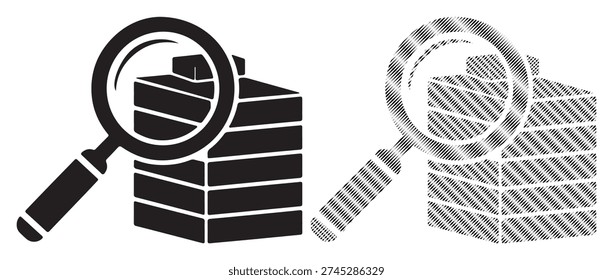 Search lens inspecting office building skyscraper, real estate audit, vector illustration