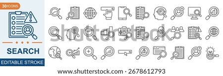 Search line editable icon set. Magnifying glass, find, research, SEO, investigate, and more. Editable stroke. Vector illustration eps 10