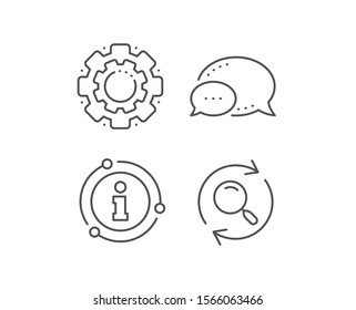 Search line icon. Chat bubble, info sign elements. Refresh find results sign. Linear search outline icon. Information bubble. Vector
