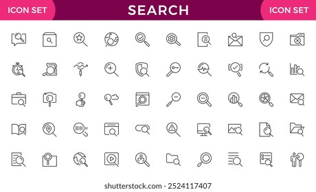 Pesquisar coleção de ícones de linha. Zoom, binóculos, encontrar documento, lupa, web, navegar, marketing digital, análise de dados. Pacote de ícones da estrutura de tópicos da interface do usuário