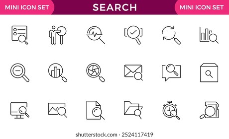 Pesquisar coleção de ícones de linha. Zoom, binóculos, encontrar documento, lupa, web, navegar, marketing digital, análise de dados. Pacote de ícones da estrutura de tópicos da interface do usuário