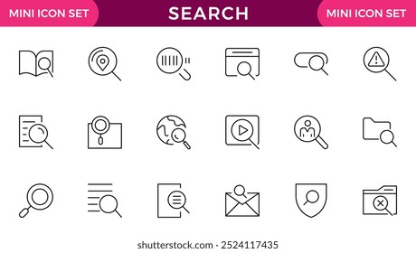 Pesquisar coleção de ícones de linha. Zoom, binóculos, encontrar documento, lupa, web, navegar, marketing digital, análise de dados. Pacote de ícones da estrutura de tópicos da interface do usuário