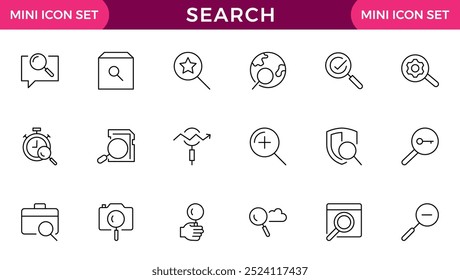 Pesquisar coleção de ícones de linha. Zoom, binóculos, encontrar documento, lupa, web, navegar, marketing digital, análise de dados. Pacote de ícones da estrutura de tópicos da interface do usuário