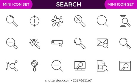 Pesquisar coleção de ícones de linha. Zoom, binóculos, localizar documento, lupa, web, navegar, marketing digital, análise de dados e conjunto de ícones de Inteligência Artificial.