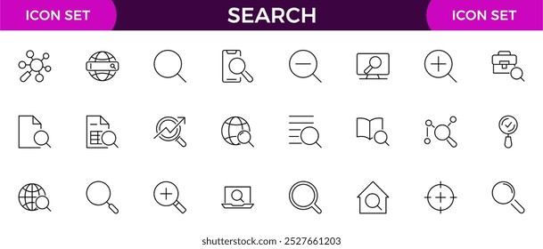Pesquisar coleção de ícones de linha. Zoom, binóculos, localizar documento, lupa, web, navegar, marketing digital, análise de dados e conjunto de ícones de Inteligência Artificial.