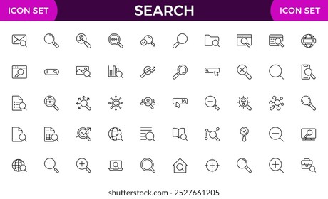 Pesquisar coleção de ícones de linha. Zoom, binóculos, localizar documento, lupa, web, navegar, marketing digital, análise de dados e conjunto de ícones de Inteligência Artificial.