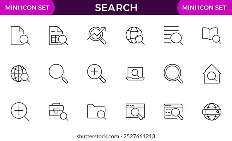 Pesquisar coleção de ícones de linha. Zoom, binóculos, localizar documento, lupa, web, navegar, marketing digital, análise de dados e conjunto de ícones de Inteligência Artificial.