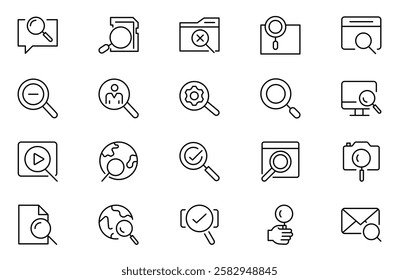 Search line icon collection. Zoom, binoculars, find document, magnify glass, web, browse, digital marketing, data analysis. UI outline icons pack