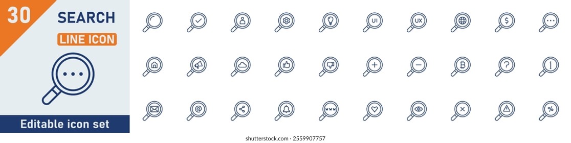 Search line icon set. Set of 30 outline icons related to search, SEO, magnifying glass, analysis, investigate, digital marketing, analysis, find and others. Editable stroke. Vector illustration.