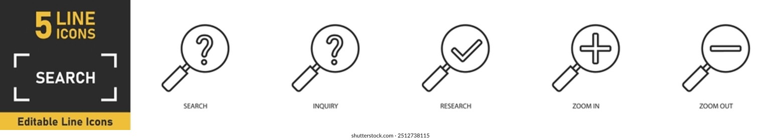 Pesquisar conjunto de ícones de linha. Conjunto de 5 ícones de tópicos relacionados à pesquisa, pesquisa, pesquisa, zoom in, zoom out e muito mais. Ilustração vetorial.