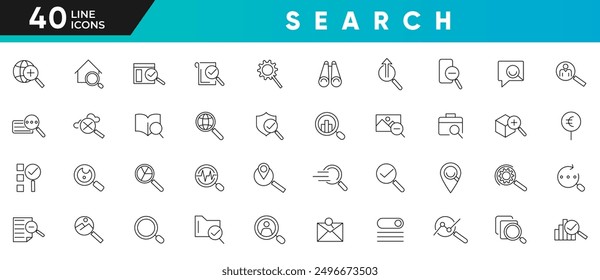 Search line icon set. Contains a magnifying glass, find, protection, check mark, tick box, look tool, Zoom and find document Outline icon collection. UI thin icon pack. 