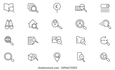 Search line icon set. Contains a magnifying glass, find, protection, check mark, tick box, look tool, Zoom and find document Outline icon collection. UI thin icon pack. 