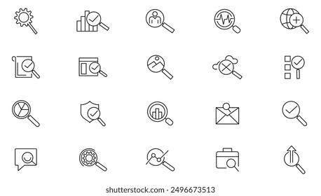 Search line icon set. Contains a magnifying glass, find, protection, check mark, tick box, look tool, Zoom and find document Outline icon collection. UI thin icon pack. 