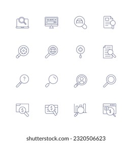 Juego de iconos de línea de búsqueda. Trazo editable. Icono de línea delgada. Conteniendo navegador, navegación, coche, estuche, equipo, global, salud, información, buscando respuesta, sonido, lupa, lupa, lupa, lupa, lupa, búsqueda de pago.